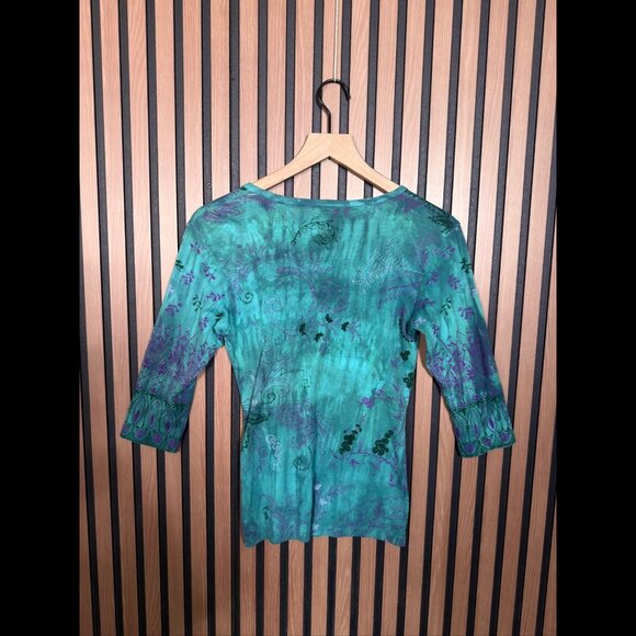 Glima Top Small Womens Green Boho y2k 3/4 Sleeve Abstract Tie Dye Shirt - Picture 2 of 5
